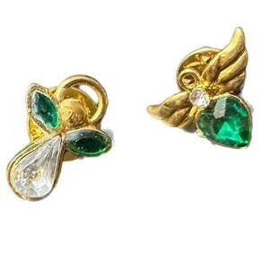 Vintage 2pc Avon Gold Tone Angel Pin with Emerald Green Rhinestone Heart Pin